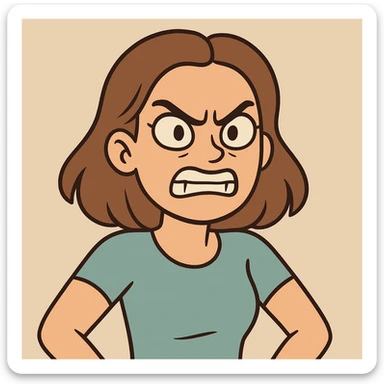 woman making grr, angry expression, arched eyebrows, mouth showing teeth, cartoon style sticker