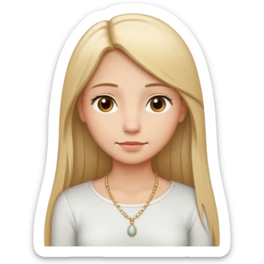 "Cartoon emoji of a girl with long, straight blonde hair, fair skin, soft brown eyes. Wearing a white top with a delicate necklace, serene expression, calm and peaceful. Smooth, simple, stylized." sticker