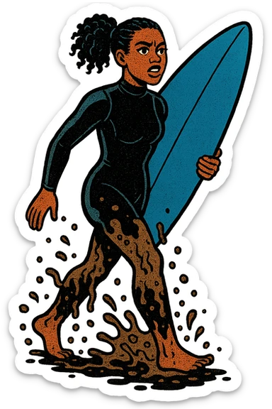 The full body of a modern day black surfer girl in her twenties carrying an upright blue surfboard and wearing a wetsuit.  The girl is covered from her waist down in sewage and pollution from the sea. sticker