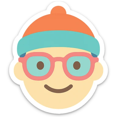 a face wearing a colorful hat and retro glasses, minimal and flat colors, icon style sticker