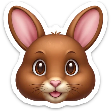 Cinematic Cute Brown Rabbit Portrait Emoji, Head tilted playfully and inquisitively, featuring a glossy, velvety brown fur with perky ears, round, sparkling brown eyes filled with curiosity, Simplified yet irresistibly adorable features, highly detailed, glowing with a warm, friendly glow, high shine, affectionate and lively, stylized with a touch of whimsy, bright and endearing, soft glowing outline, capturing the essence of a mischievous yet loving bunny, so playful it feels like it could hop out of the screen and into your arms! sticker