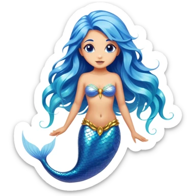 Cinematic Realistic Blue Hair Mermaid Portrait, depicted with lifelike, sun-kissed tanned skin that exudes a warm, radiant glow under gentle underwater lighting. Her intricately detailed, flowing blue hair cascades like a waterfall of ocean hues, framing deep, mesmerizing eyes that capture the vibrant spirit of the sea. Adorned with a shimmering tail and delicate tropical accents, the portrait features an enchanting underwater glow that blends realism with mythic coastal allure. sticker