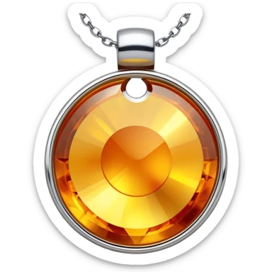 extreme close up of a round cut holographic amber charm with silver metal accent and gold chain sticker