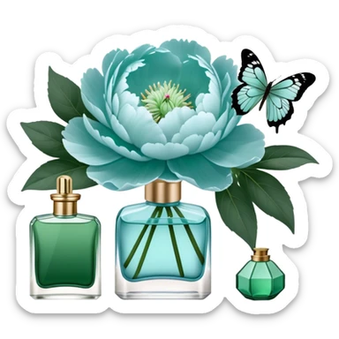 A delicate arrangement of pale blue peonies and a translucent green  butterfly near a deep green color perfume bottle.    sticker