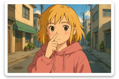 A girl yellow hair brown eyes pink Urban Heavy Loose Fit Hood Sweat touch your nose  sticker