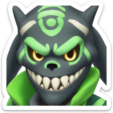 Digimon-Fakémon, horns, black body, green hair, anthro, furry, shark, skull face, skull mask, green stripes, tufted tail,  sticker