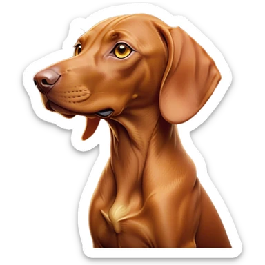 Cinematic Noble Vizsla Portrait Emoji, Poised and regal, with a sleek, athletic build and a short, smooth Fur of rust and gold, deep-set soulful amber eyes, Simplified yet sharp and sophisticated features, highly detailed, glowing with a soft, dignified glow, high shine, intelligent and agile, stylized with an air of determination, focused and attentive, soft glowing outline, capturing the essence of a watchful and confident companion, so majestic it feels as though it could sprint out of the screen with effortless authority! sticker