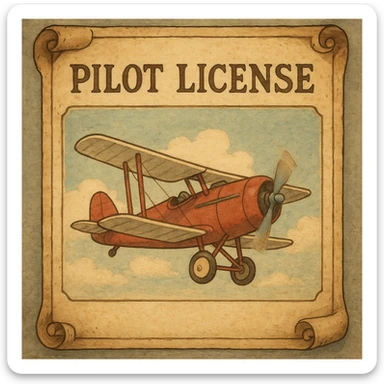 vintage-style pilot license with retro airplane and scroll-like border sticker