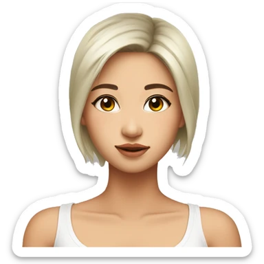 asian, white highlights hair, olive skin, wearing white v tank top, big cute eyes sticker