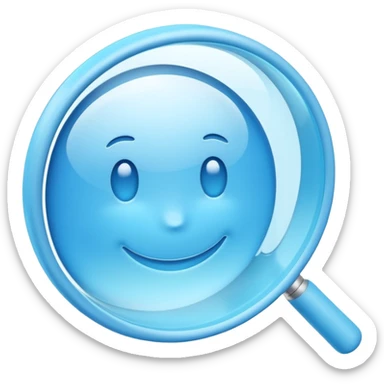 A 3D emoji-style magnifying glass, smooth rounded shapes, soft gradient blue ring, glossy plastic material, subtle highlights and reflections, simple minimal design, pastel blue color, slightly thick proportions, soft lighting, clean white background, modern emoji aesthetic, centered composition sticker