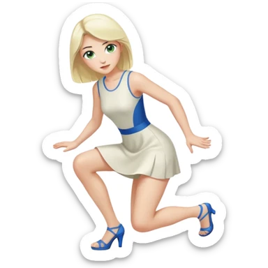 prince, black hair, blue eyes, garment, woman, blonde hair, green eyes, bending knee, sleveless white dress, sticker