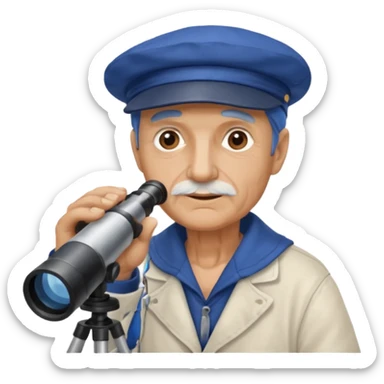 old sailor looking through a telescope, blue cap, no text sticker
