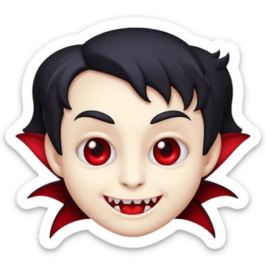 Cinematic Cute Vampire Portrait Emoji, with a refined yet playful small, rounded pale face accented by tiny, cute fangs and bright, twinkling eyes, sporting miniature elegant dark attire with a hint of crimson, simplified yet irresistibly charming, highly detailed with a soft glowing outline that captures the delightful duality of spooky sweetness and stylish allure! sticker