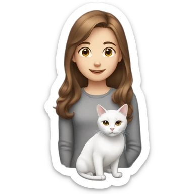 a girl with brown hair, a white cat and a gray cat sticker