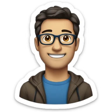 man with a tooth at the top right, with dark brown hair parted to the right with thin dark blue and black glasses, he has slightly protruding ears sticker