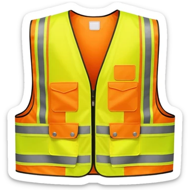 orange safety vest with bright yellow reflective stripes, construction site workwear, emoji style sticker