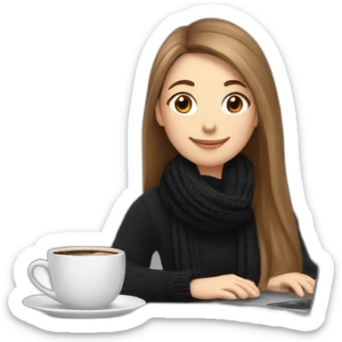 eyes closed smiling woman with pale skin brown long straight hair behind a laptop and a large coffee mug wearing a black woolly shirt and a black woolly scarf sticker