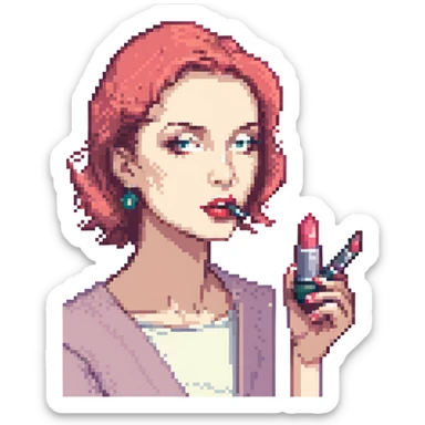 woman applying lipstick sticker