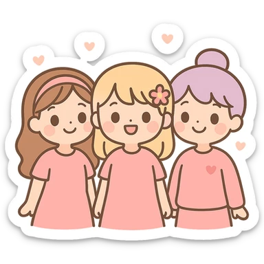 three girl best friends, cute cartoon style, top half of their bodies visible, all wearing pink, smiling, cheerful expressions sticker