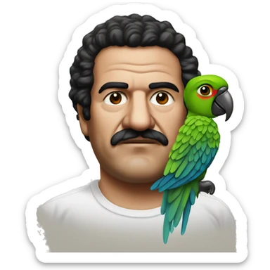 Parrot in t-shirt with Pablo Escobar  sticker