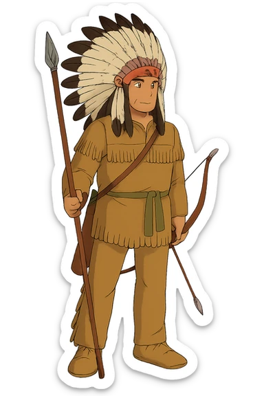The Full body of A native American chief standing with hunting equipment and a native American head dress sticker