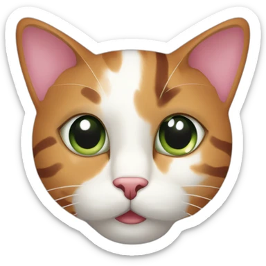 young striped calico cat face with a pink nose, white chin, green eyes, and orange/brown markings sticker