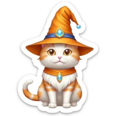 white and orange cat with a wizard hat sticker