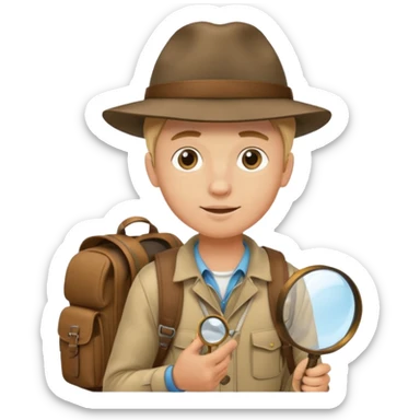 Explorer young man with hat and magnifying glass and backpack, portrait sticker