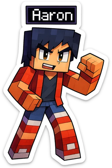 Extract the character Aaron from the group image in Minecraft cartoon style, keeping only Aaron with a transparent background. Preserve the Minecraft cartoon style look. sticker
