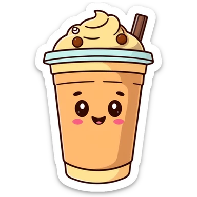 brown milk tea with a happy expression and boba pearls, soft mocha pastel tones, kawaii sticker