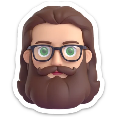 white male mid 30s green eyes black square glasses long brown beard with medium brown hair sticker