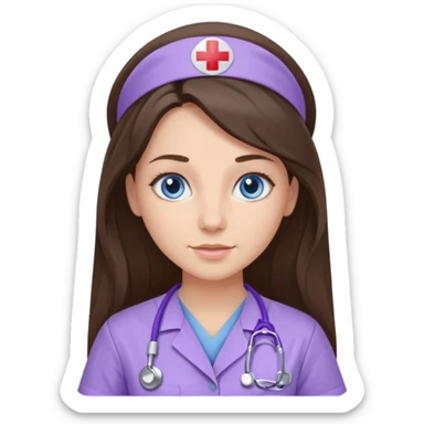 pretty brunette nurse with long hair and blue eyes in lilac scrubs sticker