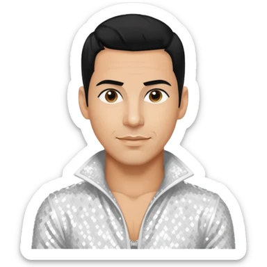 Danny Wood from NKOTB with black hair, white sequin outfit, light tan skin sticker