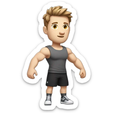 Full height Pale skinned fit man With biceps and brown Short Tousled hair In dark gray sleeveless mike, black oversize sports shorts, watch and white sneakers. his arms crossed over his chest sticker
