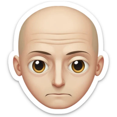 Steven Miller, bald, grim expression, narrow rectangular head, bottom lip sticking out, eyelids lower on the outside sticker