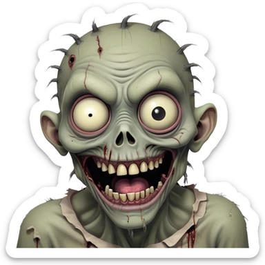 Cinematic Comical Zombie Portrait Emoji, with a grotesquely exaggerated yet playful decaying face in muted ashen tones, head cocked in a dramatically shocked expression with wildly comical, googly eyes and a gaping, silly grin revealing quirky stitches, simplified yet hilariously expressive, highly detailed with a soft eerie glowing outline capturing the absurd humor of a zombie in comic disbelief! sticker