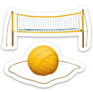The scene captures the relaxed yet competitive vibe of beach volleyball, with warm sunlight and the natural beauty of the beach. A volleyball resting on the yellow sand on a beach, with the net in the background and a scenic view of the ocean and sky.  sticker