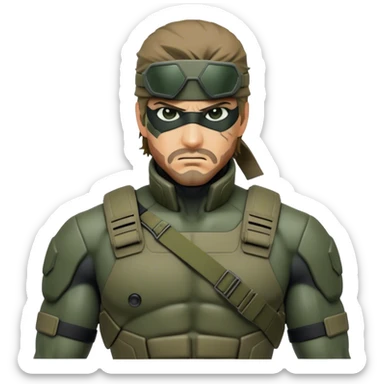 Cinematic Realistic Metal Gear Solid Snake Soldier Portrait, captured in a dynamic, battle-ready stance, muscles defined beneath intricately detailed combat gear in consistent muted greens, browns, and blacks. His determined eyes and rugged features, rendered with dramatic natural lighting and high shine, exude raw, unyielding power, epitomizing the fierce, relentless spirit of a covert operative in the midst of action. sticker