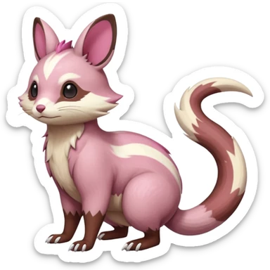 Rare realistic brown-scaled pink, white beige edgy badass epic pretty beautiful handsome gorgeous aesthetic colorful vibrant Vernid-Minccino-Cinccino-Furret-Linoone-Amaura-species-Fakemon-creature by LiLaiRa, random markings, (full body) sticker