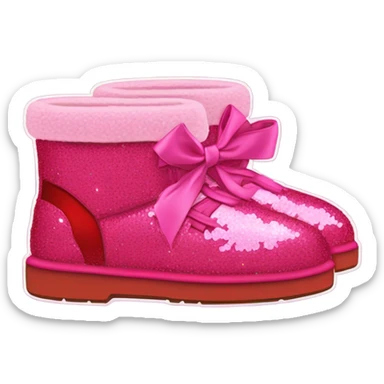 Realistic isolated of Red Ugg Fur Boots laced up with pink silk ribbon bows and hot pink and light pink sequin heart shaped patches sewn onto them. sticker