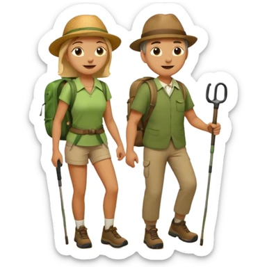 emoticon of a gentleman and lady hiking together, simple expressive faces, minimal lines sticker
