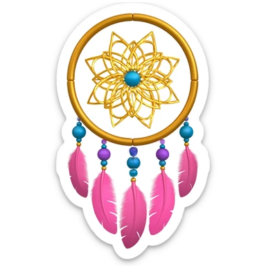 A gold-framed Dreamcatcher. with yellow metal flowers, blue beads, indigo beads, purple beads. And with pink feathers hanging down sticker