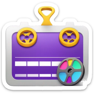 Create a sleek, modern video editing icon with scissors, a film reel, and a color palette, all combined in a minimalistic and clean design. Use vibrant purple tones to reflect creativity and professionalism, with subtle lighting effects. sticker
