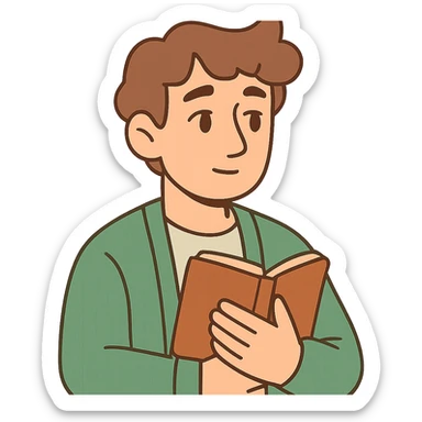 Calm and thoughtful male confidant, fair skin, soft wavy brown hair, gentle eyes, wearing a green cardigan over a light shirt, holding an open journal close to chest, waist-up, front-facing, pure background sticker