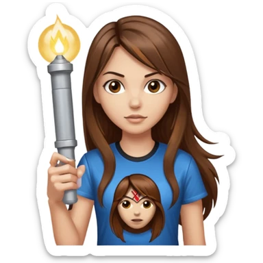 a female with long straight brown hair and brown eyes wearing a iron maiden shirt holding a flashlight  sticker