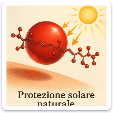 hyper realistic red astaxanthin molecule blocking UV damage, red molecule as shield between skin and sun, positive atmosphere, light background, text 'Protezione solare naturale' sticker