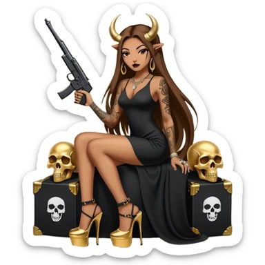 Sensual woman long brown straight haired sexy drug lord woman with tattoos on arm sleeves and black thick butt platform high heels on her feet, and devil black horns on her head, she is holding a skull head and a gun. Sitting on gold cases full of gold , long black dress with sexy slit sticker