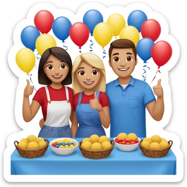 party table decorated with red blue and yellow colors, including a backdrops, balloons arch, streamers and more. On the table are intricate displays of colombian arepas, and baskets of money. In the forefront is a woman and man in simple clothing, big smiles and big thumbs up sticker