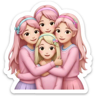 Four girls hugging each other, all wearing soft pink clothes, two with long hair and two with shoulder-length short hair, smiling, with hair accessories like headbands or ribbons, pastel color palette, soft shading, make someone pose with two fingers and someone kisses his cheek sticker