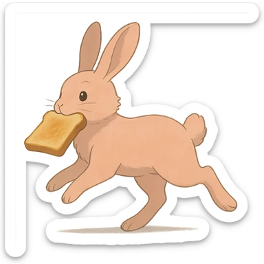 full-body peach bunny running with toast in mouth in soft Ghibli style sticker